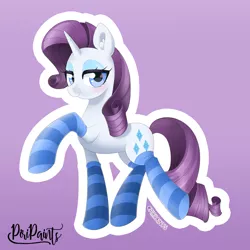 Size: 2733x2733 | Tagged: safe, artist:piripaints, derpibooru import, rarity, pony, unicorn, bedroom eyes, blushing, clothes, cute, ear fluff, female, looking at you, mare, purple background, raribetes, simple background, smiling, smirk, socks, solo, stockings, striped socks, thigh highs, watermark