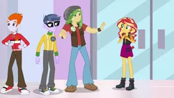 Size: 1280x720 | Tagged: safe, derpibooru import, screencap, heath burns, microchips, sandalwood, sunset shimmer, a fine line, equestria girls, equestria girls series, boots, canterlot mall, clothes, converse, female, geode of empathy, glasses, high heel boots, jacket, legs, magical geodes, male, miniskirt, pants, shoes, skirt, sneakers