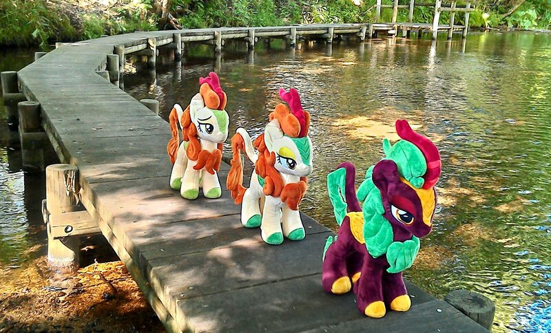 Size: 2252x1362 | Tagged: artist:hihin1993, autumn blaze, bridge, cinder glow, derpibooru import, follow the leader, irl, japan, kirin, photo, plushie, safe, self ponidox, summer flare, water