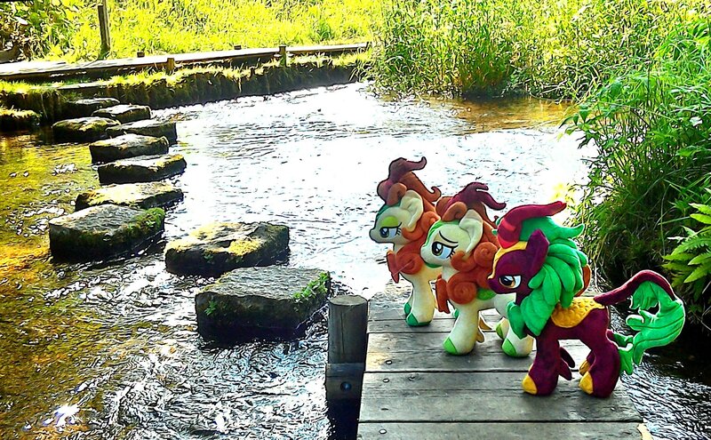 Size: 2128x1316 | Tagged: safe, artist:hihin1993, derpibooru import, autumn blaze, cinder glow, summer flare, pony, bridge, duo, irl, japan, photo, plushie, self ponidox, water