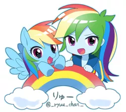 Size: 1384x1228 | Tagged: safe, artist:ryuu, derpibooru import, rainbow dash, pegasus, pony, equestria girls, equestria girls series, chibi, cute, dashabetes, female, human ponidox, mare, rainbow, self ponidox, simple background, white background