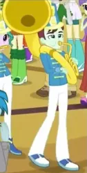 Size: 347x691 | Tagged: safe, derpibooru import, screencap, cherry crash, indigo wreath, sweet leaf, tennis match, thunderbass, equestria girls, friendship games, background human, chs rally song, clothes, cropped, female, male, musical instrument, pants, sousaphone, tuba
