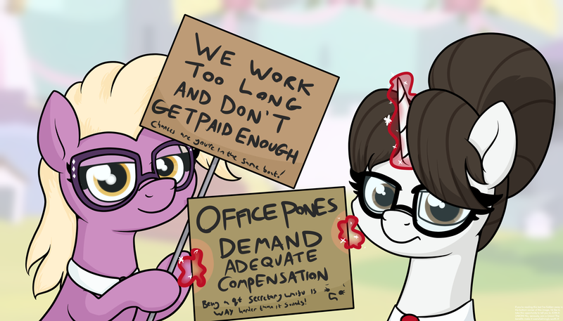 Size: 2404x1372 | Tagged: safe, artist:moonatik, derpibooru import, grace manewitz, raven, earth pony, pony, unicorn, angry, canterlot, clothes, female, glasses, hair bun, labor strike, looking at you, magic, mare, messy mane, protest, sign