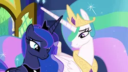 Size: 1920x1080 | Tagged: safe, derpibooru import, screencap, princess celestia, princess luna, pony, between dark and dawn, bags under eyes, crown, duo, ethereal mane, eyeliner, female, flowing mane, folded wings, jewelry, makeup, mare, regalia, royal sisters, sad, siblings, sisters, twilight's castle, wings