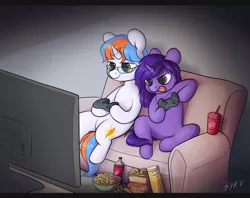 Size: 1916x1519 | Tagged: safe, artist:survya, derpibooru import, oc, oc:free quill, oc:nova aurora, unofficial characters only, pony, unicorn, chips, commission, controller, couch, couple, dr pepper, ear piercing, female, food, game face, gaming, glasses, jewelry, male, mare, multicolored mane, multicolored tail, necklace, nintendo switch, piercing, playing video games, potato chips, pretzel, pringles, qurora, sitting, snacks, stallion, television, tongue out, ych result