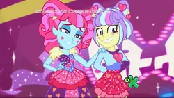 Size: 1920x1080 | Tagged: safe, derpibooru import, screencap, kiwi lollipop, supernova zap, equestria girls, equestria girls series, sunset's backstage pass!, spoiler:eqg series (season 2), discovery kids, k-lo, postcrush, spanish text, su-z