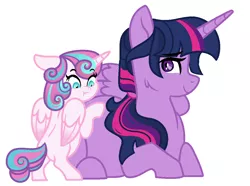 Size: 1092x812 | Tagged: safe, artist:rosebuddity, derpibooru import, princess flurry heart, twilight sparkle, twilight sparkle (alicorn), alicorn, pony, aunt and niece, duo, female, filly, mare, older, older flurry heart, preglight sparkle, pregnant, prone, simple background, smiling, story in the source, white background