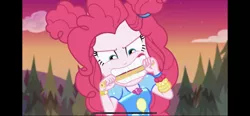 Size: 1792x828 | Tagged: safe, derpibooru import, screencap, pinkie pie, equestria girls, equestria girls series, sunset's backstage pass!, spoiler:eqg series (season 2), churros, clenched teeth, food, geode of sugar bombs, letterboxing, magical geodes, outdoors, ponk, solo, teeth