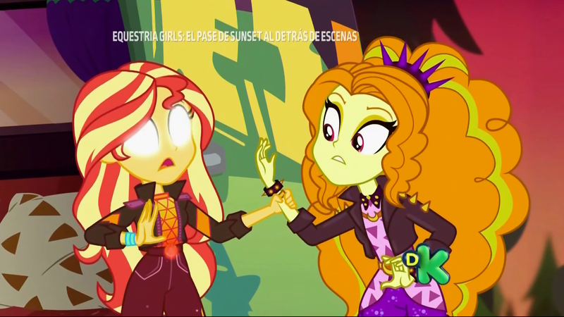 Size: 1920x1080 | Tagged: safe, derpibooru import, screencap, adagio dazzle, sunset shimmer, equestria girls, equestria girls series, sunset's backstage pass!, spoiler:eqg series (season 2), blank eyes, discovery kids, geode of empathy, glowing eyes, magical geodes, mind reading, music festival outfit, spanish, spiked headband, white eyes, wide eyes