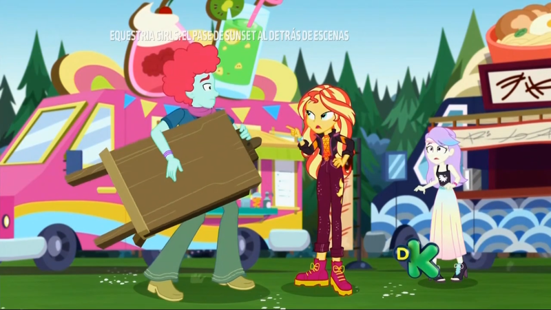 Size: 1366x768 | Tagged: safe, derpibooru import, screencap, oxford brush, snow flower, sunset shimmer, equestria girls, equestria girls series, sunset's backstage pass!, spoiler:eqg series (season 2), background human, clothes, discovery kids, easel, food truck, heartbreak, music festival outfit, shocked, skirt, spanish, tanktop