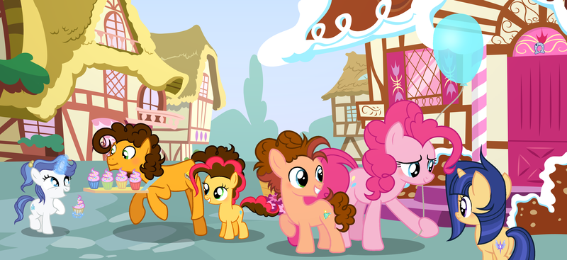 Size: 4122x1889 | Tagged: safe, artist:velveagicsentryyt, derpibooru import, cheese sandwich, pinkie pie, oc, oc:party pie, oc:sky city, oc:sugar high, oc:velvet sentry, pony, balloon, cheesepie, colt, female, filly, male, offspring, parent:cheese sandwich, parent:fancypants, parent:flash sentry, parent:pinkie pie, parent:rarity, parent:twilight sparkle, parents:cheesepie, parents:flashlight, parents:raripants, shipping, straight