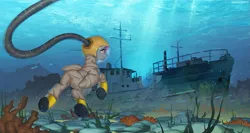 Size: 1509x800 | Tagged: safe, artist:margony, derpibooru import, oc, oc:crash dive, unofficial characters only, fish, pegasus, pony, clothes, commission, coral, deep sea, diver, diving, diving helmet, diving suit, female, hose, mare, scenery, scenery porn, seabed, seaweed, ship, shipwreck, solo, sunken ship, swimming, underwater, water, watermark, wings