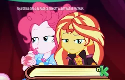 Size: 2312x1482 | Tagged: safe, derpibooru import, screencap, pinkie pie, sunset shimmer, equestria girls, equestria girls series, sunset's backstage pass!, spoiler:eqg series (season 2), book, bored, crazy straw, duo, geode of sugar bombs, magical geodes, music festival outfit, straw, sunset's journal