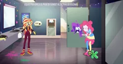 Size: 2837x1479 | Tagged: safe, derpibooru import, screencap, pinkie pie, rarity, sunset shimmer, equestria girls, equestria girls series, sunset's backstage pass!, spoiler:eqg series (season 2), bathroom, clothes, facial hair, laughing, music festival outfit, shoes, sneakers