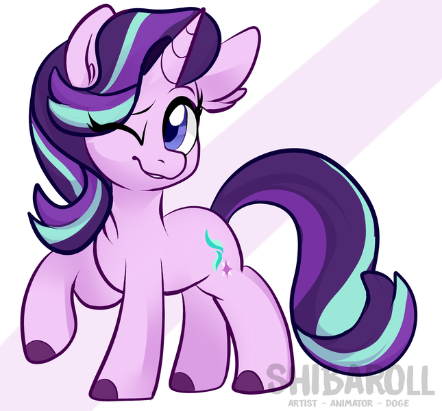 Size: 2319x2158 | Tagged: safe, artist:shibaroll, deleted from derpibooru, derpibooru import, starlight glimmer, pony, unicorn, abstract background, chest fluff, colored hooves, cute, ear fluff, female, glimmerbetes, high res, mare, newbie artist training grounds, one eye closed, raised hoof, smiling, solo, wink