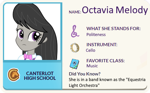 Size: 512x318 | Tagged: safe, derpibooru import, edit, editor:grapefruitface, octavia melody, equestria girls, book, canterlot high, cutie mark, eqg profiles, equestria light orchestra, headcanon, musical instrument, solo, tambourine