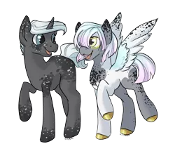 Size: 1024x882 | Tagged: safe, artist:paisleyperson, derpibooru import, oc, oc:fairy floss, oc:pop rock, unofficial characters only, pegasus, pony, unicorn, colored hooves, dappled, male, simple background, stallion, transparent background