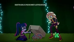 Size: 1920x1080 | Tagged: safe, derpibooru import, screencap, sci-twi, sunset shimmer, twilight sparkle, equestria girls, equestria girls series, sunset's backstage pass!, spoiler:eqg series (season 2), candy, cardboard box, food, music festival outfit