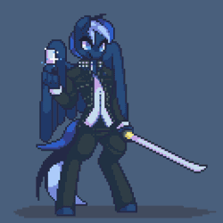 Size: 650x650 | Tagged: animated, artist:stockingshot56, aura, crossover, derpibooru import, idle, katana, loop, oc, oc:auron, persona, persona 4, pixel art, safe, sword, unofficial characters only, weapon, yu narukami