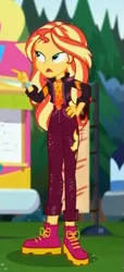 Size: 265x582 | Tagged: safe, derpibooru import, screencap, sunset shimmer, equestria girls, equestria girls series, sunset's backstage pass!, spoiler:eqg series (season 2), boots, clothes, cropped, female, geode of empathy, hand on hip, jacket, magical geodes, music festival outfit, pants, shoes, solo