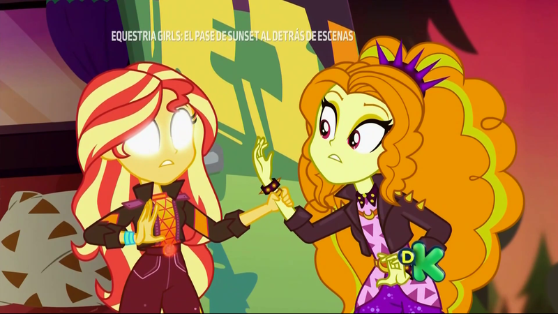 Size: 1920x1080 | Tagged: safe, derpibooru import, screencap, adagio dazzle, sunset shimmer, equestria girls, equestria girls series, sunset's backstage pass!, spoiler:eqg series (season 2), blank eyes, discovery kids, glowing eyes, music festival outfit, spanish, white eyes