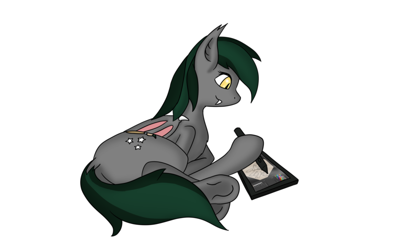 Size: 4000x2500 | Tagged: safe, artist:albinoraynedeer, derpibooru import, oc, oc:nightwind, unofficial characters only, bat pony, pony, drawing, drawing tablet, female, smiling, tablet