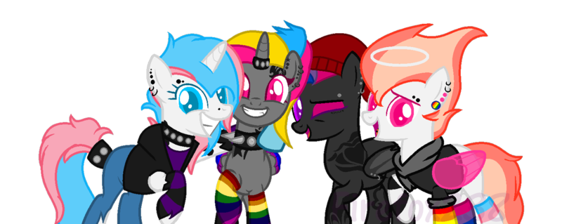 Size: 1415x565 | Tagged: safe, artist:firefox238, artist:miatdm, derpibooru import, oc, oc:armoma rox, oc:harmony note, oc:nocturnal paint, oc:pastel cloud (angel), unofficial characters only, angel pony, bat pony, demon, demon pony, original species, pony, angel, bat pony oc, bat wings, beanie, choker, clothes, ear piercing, earring, eyebrow piercing, eyeshadow, female, halo, hat, hoodie, horn, horn ring, hug, jacket, jewelry, leather jacket, makeup, mare, mismatched socks, nonbinary, nose piercing, one eye closed, open mouth, piercing, pride, rainbow socks, raised hoof, ring, shirt, simple background, sleeveless, socks, spiked choker, striped socks, t-shirt, tattoo, tongue piercing, trans girl, transgender, transparent background, wall of tags, wings, wink