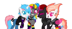Size: 1415x565 | Tagged: safe, artist:firefox238, artist:miatdm, derpibooru import, oc, oc:armoma rox, oc:harmony note, oc:nocturnal paint, oc:pastel cloud (angel), unofficial characters only, angel pony, bat pony, demon, demon pony, original species, pony, angel, bat pony oc, bat wings, beanie, choker, clothes, ear piercing, earring, eyebrow piercing, eyeshadow, female, halo, hat, hoodie, horn, horn ring, hug, jacket, jewelry, leather jacket, makeup, mare, mismatched socks, nonbinary, nose piercing, one eye closed, open mouth, piercing, pride, rainbow socks, raised hoof, ring, shirt, simple background, sleeveless, socks, spiked choker, striped socks, t-shirt, tattoo, tongue piercing, trans girl, transgender, transparent background, wall of tags, wings, wink