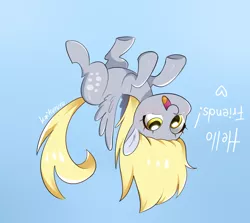 Size: 1732x1543 | Tagged: safe, artist:kaikururu, derpibooru import, derpy hooves, pegasus, pony, blue background, colored pupils, cute, derpabetes, derpy being derpy, dialogue, ear fluff, female, flying, gradient background, heart, how, looking at you, mare, open mouth, silly, silly pony, simple background, smiling, solo, spread wings, text, underhoof, upside down, wings