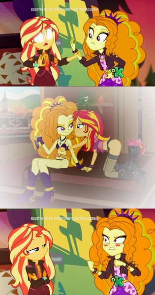 Size: 1280x2441 | Tagged: suggestive, artist:skycatcherequestria, derpibooru import, edit, edited screencap, editor:clopero overlord, screencap, adagio dazzle, sunset shimmer, fanfic, equestria girls, equestria girls series, rainbow rocks, sunset's backstage pass!, spoiler:eqg series (season 2), a-domme-gio, absurd resolution, adagio dat-azzle, all fours, and then sex happened, bedroom, blank eyes, blushing, boots, breasts, candle, clothes, comic, crossed arms, cuffs, discovery kids, fanfic art, fanfic cover, female, femdom, femsub, geode of empathy, glowing eyes, humans doing horse things, i wanna be your pony, imminent sex, lesbian, magical geodes, mind reading, music festival outfit, panties, plant, screencap comic, sexy, shipping, shoes, show accurate, sideass, socks, spanish, stockings, submissive, subset, sunsagio, sunset sees things, thigh highs, underwear, white eyes, wide eyes