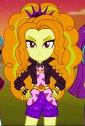 Size: 580x852 | Tagged: safe, derpibooru import, screencap, adagio dazzle, aria blaze, sonata dusk, equestria girls, equestria girls series, sunset's backstage pass!, spoiler:eqg series (season 2), angry, bracelet, clothes, cropped, female, jacket, leather jacket, offscreen character, shorts, solo focus, spiked headband, spiked wristband, spikes, wristband
