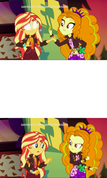 Size: 1920x3202 | Tagged: safe, derpibooru import, adagio dazzle, sunset shimmer, equestria girls, equestria girls series, sunset's backstage pass!, spoiler:eqg series (season 2), blank eyes, glowing eyes, meme, music festival outfit, sunset sees things, template, white eyes, wide eyes