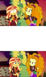 Size: 1920x3202 | Tagged: safe, derpibooru import, adagio dazzle, sunset shimmer, equestria girls, equestria girls series, sunset's backstage pass!, spoiler:eqg series (season 2), blank eyes, glowing eyes, meme, music festival outfit, sunset sees things, template, white eyes, wide eyes