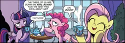 Size: 800x274 | Tagged: safe, artist:brendahickey, derpibooru import, idw, fluttershy, pinkie pie, twilight sparkle, twilight sparkle (alicorn), alicorn, earth pony, pegasus, pony, unicorn, spoiler:comic, spoiler:comicspiritoftheforest02, comic, cup, cute, female, mare, official comic, one of these things is not like the others, shyabetes, speech bubble, teacup, that pony sure does love sugar, trio