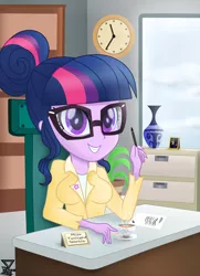 Size: 2500x3448 | Tagged: safe, artist:theretroart88, derpibooru import, sci-twi, timber spruce, twilight sparkle, equestria girls, legend of everfree - bloopers, breasts, busty twilight sparkle, coffee, female, grin, groucho marx psyche out, office, picture, smiling, solo, working