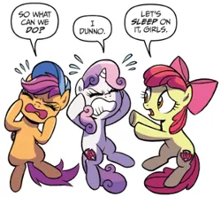 Size: 408x363 | Tagged: safe, artist:brendahickey, derpibooru import, idw, apple bloom, scootaloo, sweetie belle, earth pony, pegasus, pony, unicorn, spoiler:comic, spoiler:comicspiritoftheforest02, adorable distress, baseball cap, cap, cute, cutie mark, cutie mark crusaders, dialogue, female, filly, foal, hat, official comic, simple background, speech bubble, the cmc's cutie marks, thinking, trio, white background