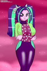 Size: 663x1000 | Tagged: safe, artist:chuyryu, derpibooru import, aria blaze, equestria girls, equestria girls series, find the magic, sunset's backstage pass!, spoiler:eqg series (season 2), big breasts, breasts, busty aria blaze, crossed arms, female, hips, looking at you, pigtails, polka dots, sexy, tsundaria, tsundere, twintails