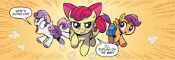 Size: 800x276 | Tagged: safe, artist:brendahickey, derpibooru import, idw, apple bloom, scootaloo, sweetie belle, earth pony, pegasus, pony, unicorn, spoiler:comic, spoiler:comicspiritoftheforest02, bag, cropped, cutie mark crusaders, female, filly, foal, official comic, orange background, saddle bag, simple background, speech bubble, trio