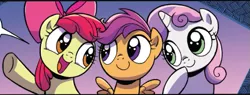 Size: 563x215 | Tagged: safe, artist:brendahickey, derpibooru import, idw, apple bloom, scootaloo, sweetie belle, earth pony, pegasus, pony, unicorn, spoiler:comic, spoiler:comicspiritoftheforest02, cute, cutie mark crusaders, female, filly, foal, official comic, trio