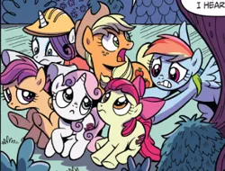 Size: 369x281 | Tagged: safe, artist:brendahickey, derpibooru import, idw, apple bloom, applejack, rainbow dash, rarity, scootaloo, sweetie belle, earth pony, pegasus, pony, unicorn, spoiler:comic, spoiler:comicspiritoftheforest02, cutie mark crusaders, female, filly, foal, hard hat, mare, official comic, pushing, sweetie frown
