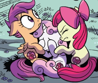 Size: 338x287 | Tagged: safe, artist:brendahickey, derpibooru import, idw, apple bloom, scootaloo, sweetie belle, earth pony, pegasus, pony, unicorn, spoiler:comic, spoiler:comicspiritoftheforest02, covering eyes, cowering, cutie mark crusaders, female, filly, floppy ears, foal, official comic, scarred for life, trio