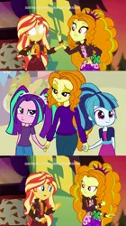 Size: 614x1096 | Tagged: safe, artist:dilemmas4u, derpibooru import, edit, screencap, adagio dazzle, aria blaze, sonata dusk, sunset shimmer, equestria girls, equestria girls series, sunset's backstage pass!, spoiler:eqg series (season 2), adoragio, alternate universe, ariabetes, beautiful, blank eyes, cute, female, glowing eyes, good end, holding hands, loose hair, mamadagio, meme, mom, mother, mother and child, mother and daughter, older, show accurate, sonatabetes, sunset sees things, taco tuesday, the dazzlings, white eyes, wholesome, wide eyes, younger