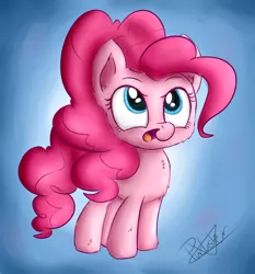 Size: 2700x2900 | Tagged: safe, artist:pucksterv, derpibooru import, pinkie pie, pony, blue background, cheek fluff, chest fluff, cute, diapinkes, ear fluff, leg fluff, open mouth, simple background, solo