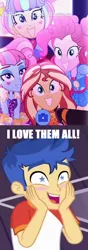 Size: 760x2152 | Tagged: safe, derpibooru import, edit, edited screencap, screencap, flash sentry, kiwi lollipop, pinkie pie, sunset shimmer, supernova zap, equestria girls, equestria girls series, spring breakdown, sunset's backstage pass!, spoiler:eqg series (season 2), female, flash sentry gets all the mares, flash sentry gets all the waifus, flashimmer, k-lo, kiwisentry, male, meme, pinkiesentry, postcrush, sentrynova, shipping, shipping domino, starry eyes, straight, su-z, waifu thief, wingding eyes