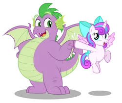 Size: 1024x862 | Tagged: safe, artist:aleximusprime, derpibooru import, princess flurry heart, spike, alicorn, dragon, pony, flurry heart's story, adult, adult spike, bow, chubby, cute, fat, fat spike, female, filly, filly flurry heart, fist bump, flurrybetes, hoofbump, older, older spike, plump, simple background, transparent background, winged spike, wings