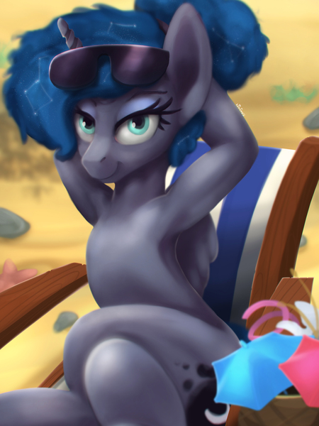 Size: 3000x4000 | Tagged: alicorn, alternate hairstyle, armpits, artist:blackligerth, beach, bedroom eyes, between dark and dawn, constellation, cute, derpibooru import, female, looking at you, lunabetes, luna sunbathing, mare, princess luna, safe, semi-anthro, solo, sunglasses