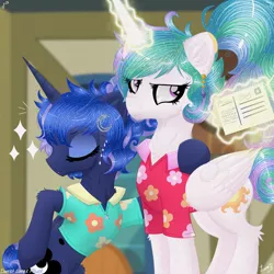 Size: 3000x3000 | Tagged: safe, artist:darkest-lunar-flower, derpibooru import, princess celestia, princess luna, alicorn, bat pony, pony, between dark and dawn, alternate hairstyle, belly button, celestia is not amused, clothes, cute, cute little fangs, duo, ear piercing, earring, eyeroll, eyes closed, eyeshadow, fangs, female, glowing horn, hair bun, hawaiian shirt, hoof on hip, horn, jewelry, levitation, magic, makeup, mare, multicolored mane, necklace, on the moon for too long, piercing, ponytail, postcard, royal sisters, scene interpretation, shirt, siblings, sisters, tail bun, telekinesis, that pony sure does love the post office, unamused, unimpressed, vacation, varying degrees of want, wall of tags