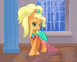 Size: 1280x1024 | Tagged: safe, artist:chaosmalefic, derpibooru import, applejack, pony, alternate hairstyle, applejewel, clothes, dress, looking at you, window