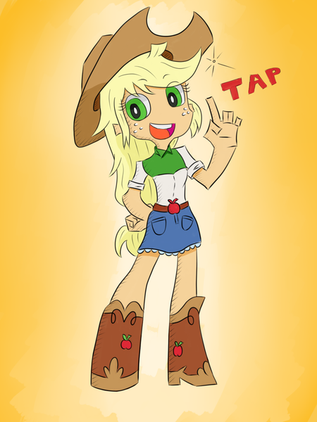 Size: 900x1200 | Tagged: safe, artist:chaosmalefic, derpibooru import, applejack, equestria girls, beautiful, belt, boots, clothes, cowboy boots, cowboy hat, cowgirl, cute, denim skirt, female, freckles, gradient background, green eyes, hat, jackabetes, looking at you, miniskirt, panty and stocking with garterbelt, shoes, skirt, smiling, stetson, style emulation, yellow hair