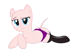 Size: 6000x3968 | Tagged: suggestive, artist:slb94, derpibooru import, edit, edited edit, editor:slayerbvc, vector edit, pinkie pie, earth pony, pony, bald, bedroom eyes, clothes, crossed legs, female, furless, furless edit, latex, latex socks, looking at you, mare, nude edit, nudity, panties, prone, purple underwear, shaved, shaved tail, simple background, smiling, socks, solo, solo female, thong, transparent background, underwear, vector